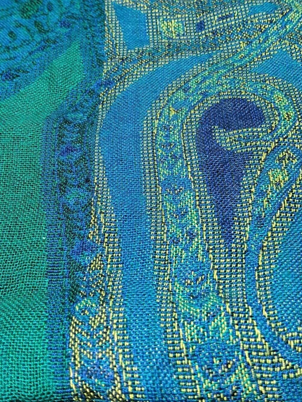 Womens Long Rectangular Fleur De Lis Tasseled Scarf Blue Green Yellow Scarf